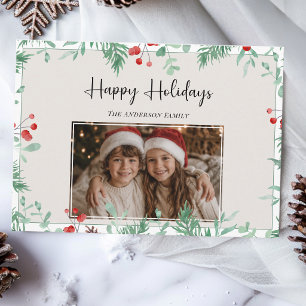 Tarjeta Festiva Felices Fiestas Fotograma de Acuarela con Bayas Ro
