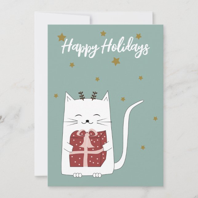 Tarjeta Festiva Felices Fiestas Gatito Adorable con Regalo  (Anverso)