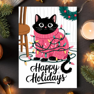 Tarjeta Festiva Felices Fiestas Gatito Adorable Envuelto En Luces 