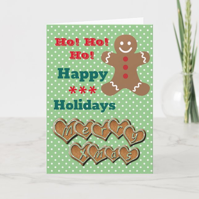 Tarjeta Festiva "Felices fiestas" Gingerbread y Polka Verde Dot (Anverso)