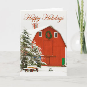 Tarjeta Festiva Felices fiestas - granero rojo festivo en nieve fr