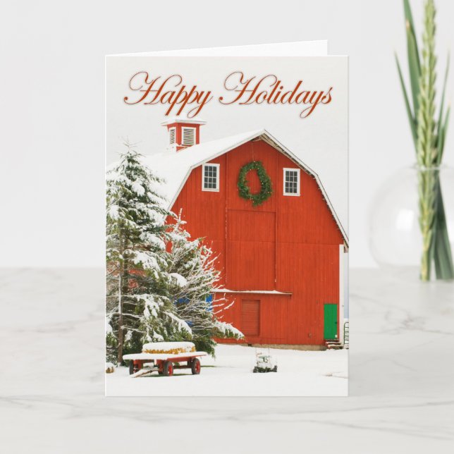 Tarjeta Festiva Felices fiestas - granero rojo festivo en nieve fr (Anverso)