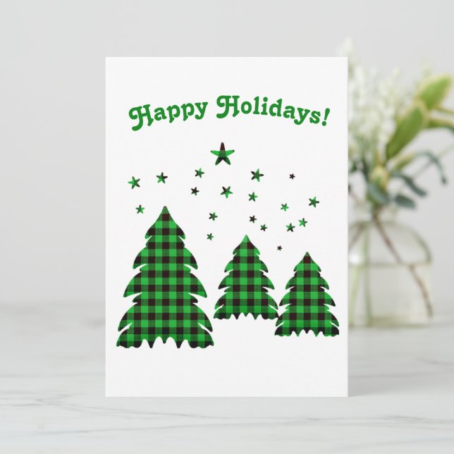 Tarjeta Festiva Felices fiestas Green Plaid Christmas Tree Cute (Anverso de pie)