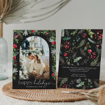 Tarjeta Festiva Felices Fiestas Gris 1 Foto Arco Botánico Elegante<br><div class="desc">Esta colección cuenta con flores de color agua rojo,  bayas y vegetación de invierno con tipografía moderna y elegante,  con un patrón botánico de invierno.</div>