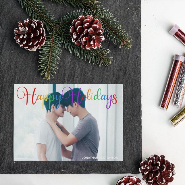 Tarjeta Festiva Felices Fiestas: Guión arcoiris Foto de pareja gay (Subido por el creador)