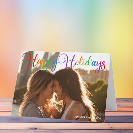 Tarjeta Festiva Felices Fiestas Guiones Arcoiris Foto Pareja LGBT