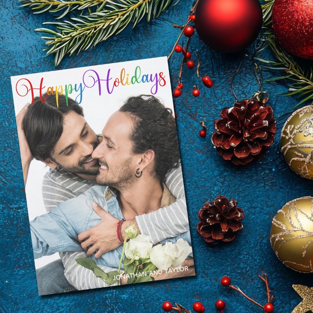 Tarjeta Festiva Felices Fiestas Guiones Arcoiris Foto Pareja LGBT (Subido por el creador)