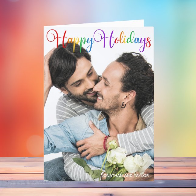 Tarjeta Festiva Felices Fiestas Guiones Arcoiris Foto Pareja LGBTQ (Subido por el creador)