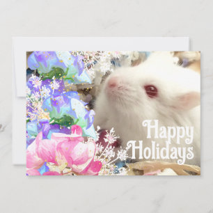 Tarjeta Festiva Felices Fiestas Hámster Blanco con Flores de Chích