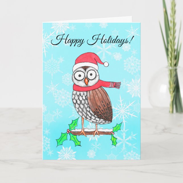 Tarjeta Festiva Felices Fiestas Lechuza Santa Hat (Anverso)
