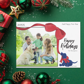 Tarjeta Festiva Felices Fiestas Lindo Cachorro Lazo Divertido Clás
