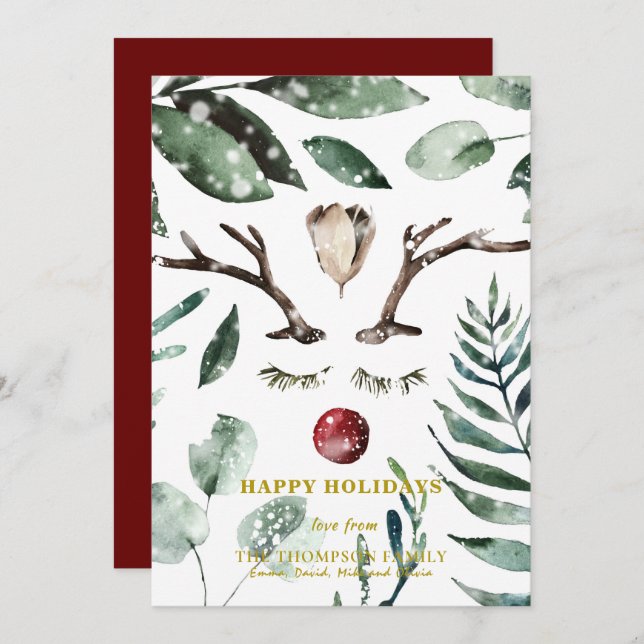 Tarjeta Festiva Felices fiestas | Magnolia de renos de follaje ver (Anverso / Reverso)