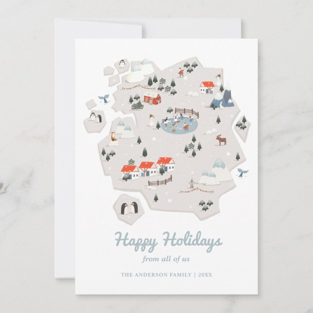 Tarjeta Festiva Felices fiestas. Mapa de invierno. Pingüino navida (Anverso)
