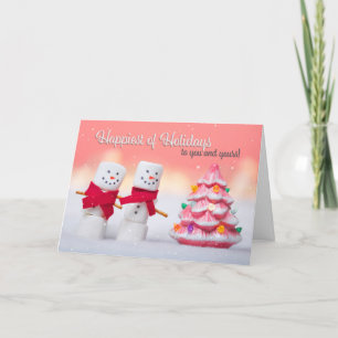 Tarjeta Festiva Felices Fiestas Marshmallow Snowmen