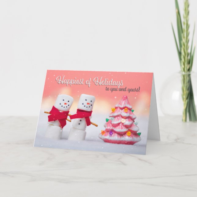 Tarjeta Festiva Felices Fiestas Marshmallow Snowmen (Anverso)