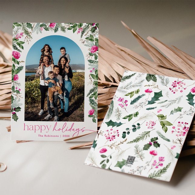 Tarjeta Festiva Felices Fiestas Modernas Arco Verde y Rosa Brillan (Subido por el creador)