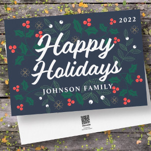Tarjeta Festiva Felices Fiestas Modernas Bayas de Acebo Follaje