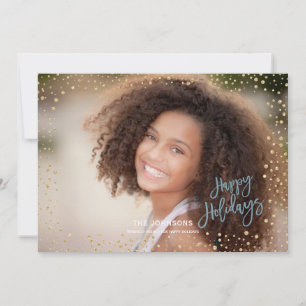 Tarjeta Festiva Felices fiestas modernas doradas y azules con letr