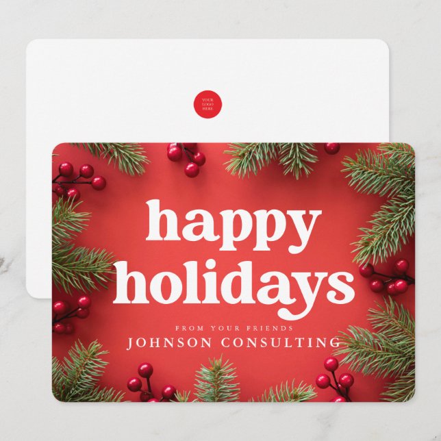 Tarjeta Festiva Felices Fiestas Modernas Holly Berry Pine Needles  (Anverso / Reverso)