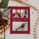Tarjeta Festiva Felices Fiestas Modernas | Tres fotos centradas en<br><div class="desc">Las vacaciones felices y modernas | tarjeta de vacaciones de tres fotos centradas en rojo es perfecta para tu minimalista y chic saludo de vacaciones rojo y blanco. La caligrafía escrita a mano, mínima y caprichosa, es delicada y rústica, aunque elegante y elegante. Encontrará que todo lo relacionado con este...</div>