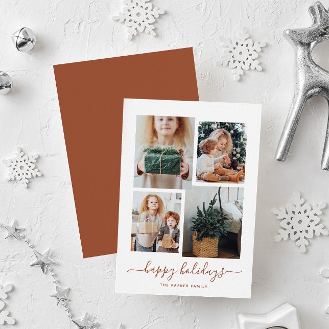 Tarjeta Festiva Felices fiestas | Moderno Collage de fotos Cuatro (A modern photo collage for your holiday greetings)