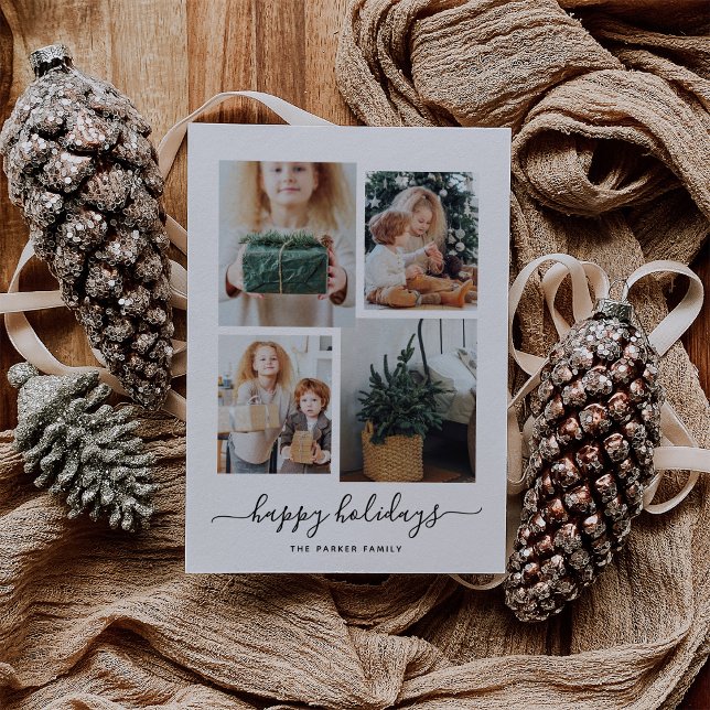 Tarjeta Festiva Felices fiestas | Moderno Collage de fotos Cuatro (A modern photo collage for your holiday greetings)