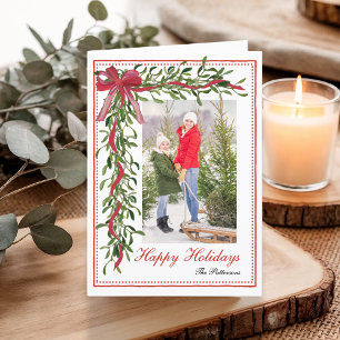 Tarjeta Festiva Felices Fiestas Muérdago Lazo Rojo Foto Familiar