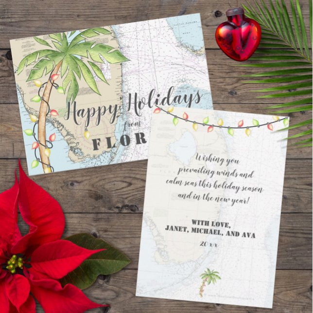 Tarjeta Festiva Felices Fiestas Náuticas Tropicales de Florida (Cute Customized Tropical Florida Holiday Cards with Watercolor Design Elements)