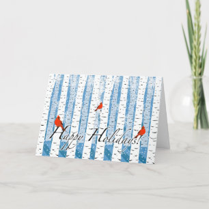 Tarjeta Festiva Felices fiestas Navidades con cardenales en Birch