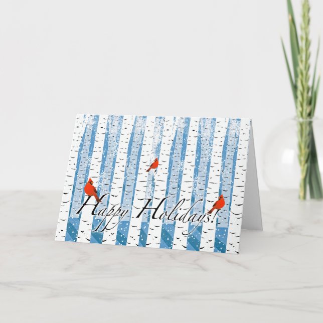 Tarjeta Festiva Felices fiestas Navidades con cardenales en Birch (Anverso)