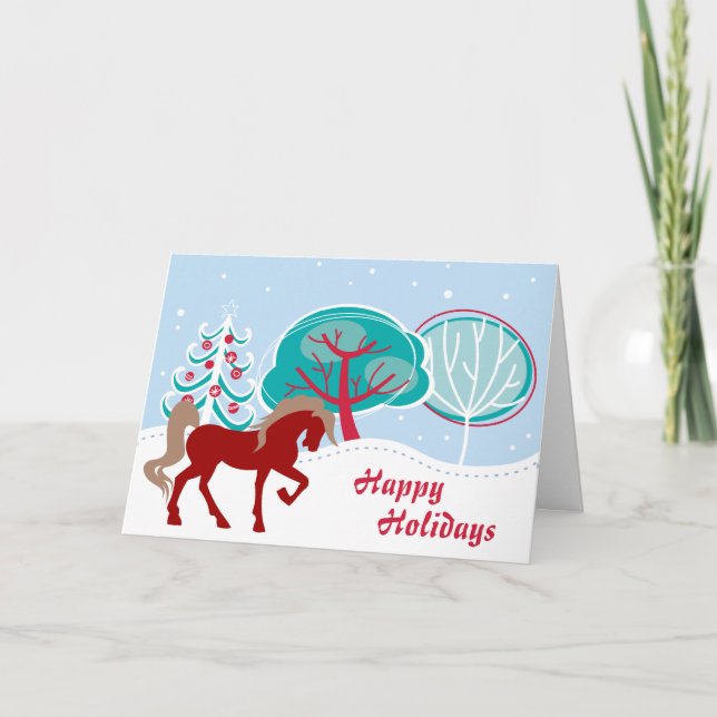 Tarjeta Festiva Felices fiestas Navidades de caballos con nieve (Anverso)