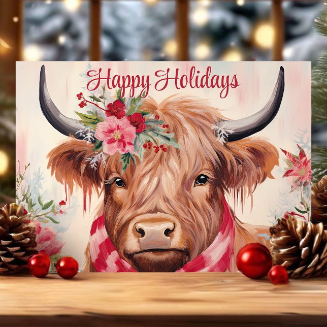 Tarjeta Festiva Felices Fiestas Navidades de Floral Highland Cow (Subido por el creador)