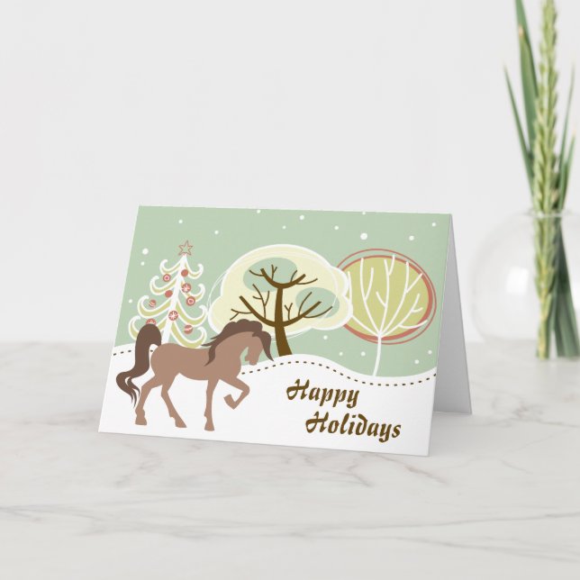 Tarjeta Festiva Felices fiestas Navidades de invierno de caballos  (Anverso)