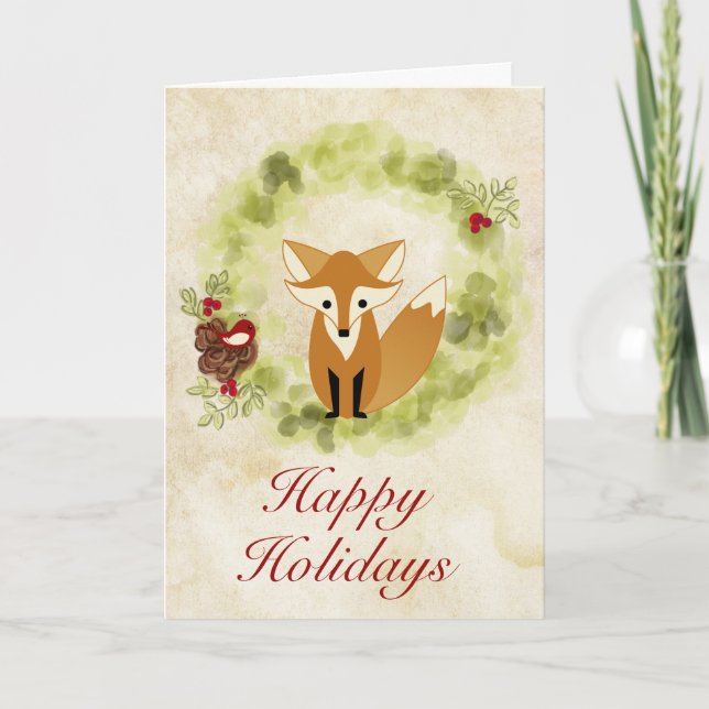 Tarjeta Festiva Felices fiestas Navidades de Woodland Fox y Wreath (Anverso)