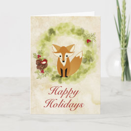 Tarjeta Festiva Felices fiestas Navidades de Woodland Fox y Wreath