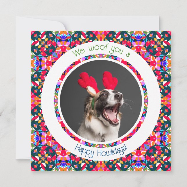 Tarjeta Festiva Felices Fiestas Navidades Foto Perro Perro Papá Ma (Anverso)