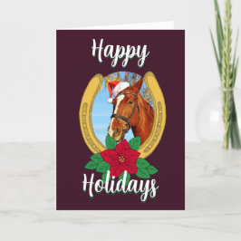 Tarjeta Festiva Felices fiestas Navidades Poinsettia Horseshoe
