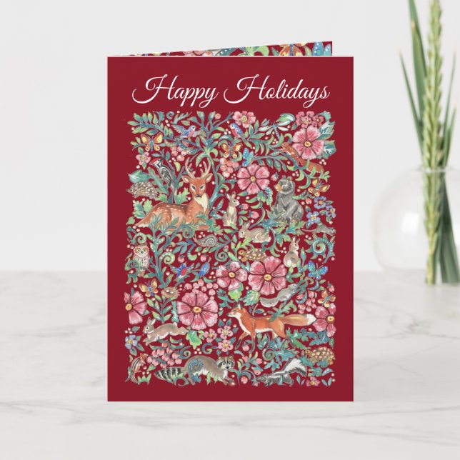 Tarjeta Festiva Felices fiestas Navidades Woodland Animales Borgoñ (Anverso)