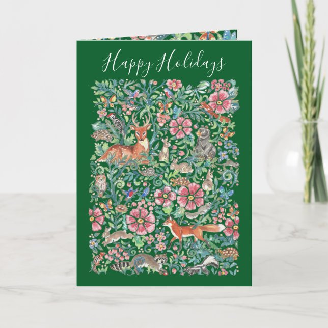 Tarjeta Festiva Felices fiestas Navidades Woodland Animals Green (Anverso)