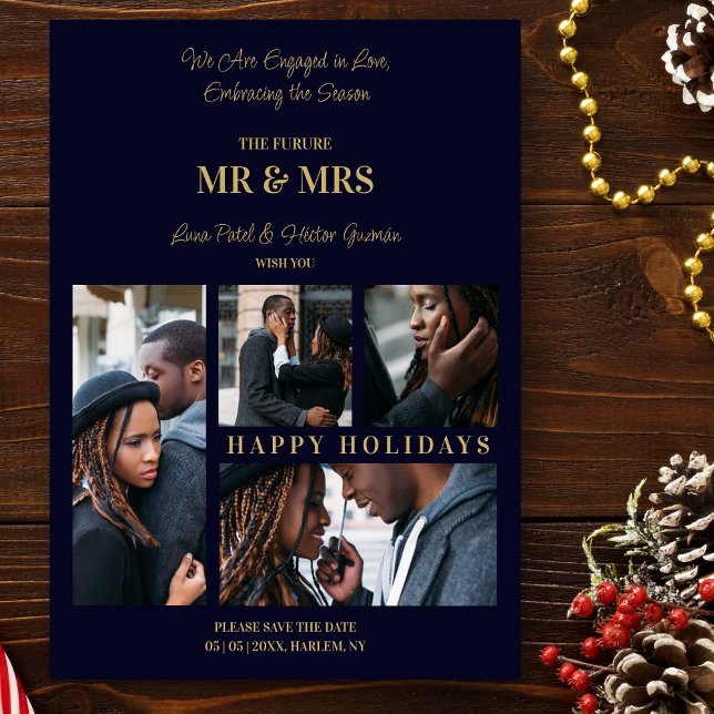 Tarjeta Festiva Felices Fiestas Navy & Gold Simple 4 Múltiples Fot ("Happy Holidays" Navy Blue & Fake Gold 4 Multi Image Save the Date Card.)