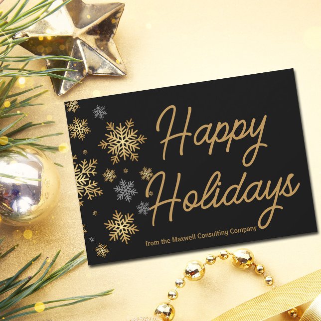 Tarjeta Festiva Felices Fiestas Negras Copos de Nieve Dorados y Pl (Subido por el creador)