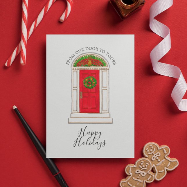 Tarjeta Festiva Felices Fiestas Nuestra Puerta Rojo Piña Wreath (Subido por el creador)