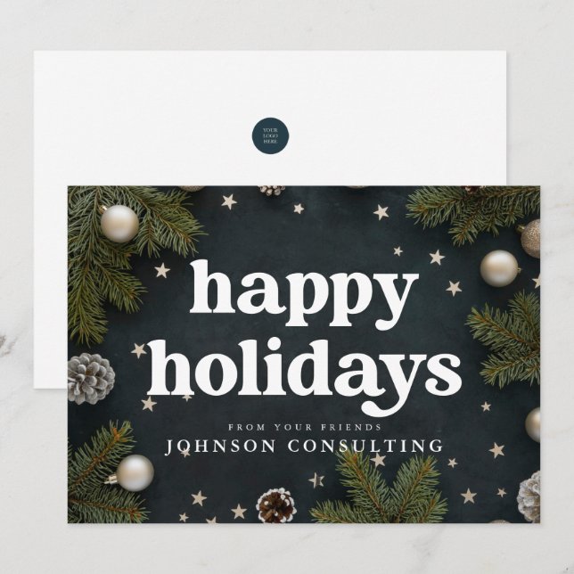 Tarjeta Festiva Felices Fiestas Ornamentos navideños modernos y pi (Anverso / Reverso)