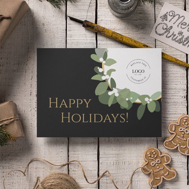 Tarjeta Festiva Felices Fiestas Oro negro moderno Wreath su logoti (Professional Happy Holidays custom logo modern green wreath on black.)