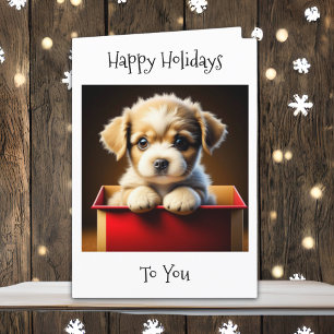 Tarjeta Festiva Felices Fiestas Para Ti   Cachorro Lindo en Caja d