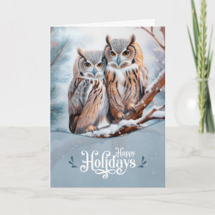 Tarjeta Festiva Felices Fiestas Pareja de Búhos del Bosque