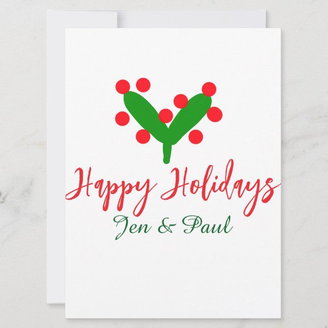 Tarjeta Festiva Felices fiestas pareja verde rojo nombre hoja verd (Anverso)