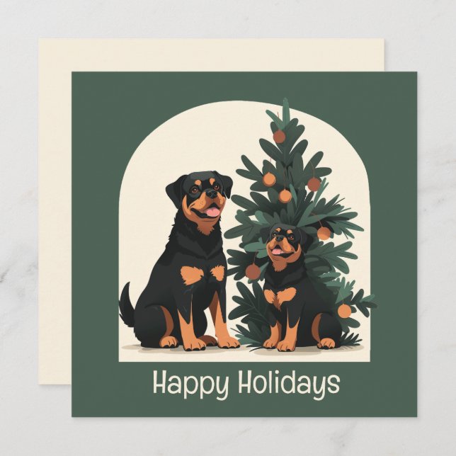 Tarjeta Festiva Felices Fiestas Perros Rottweiler (Anverso / Reverso)