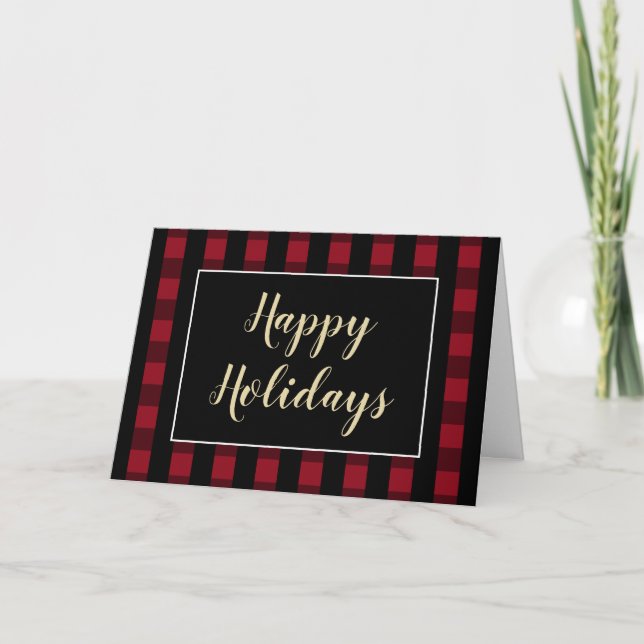 Tarjeta Festiva Felices Fiestas, Personalizado Rústico Rojo Y Negr (Anverso)