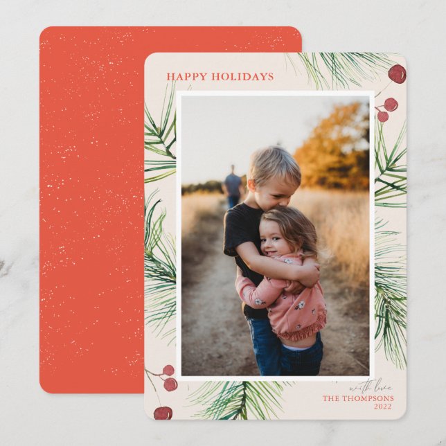 Tarjeta Festiva Felices fiestas Pine Berries Coral Photo (Anverso / Reverso)